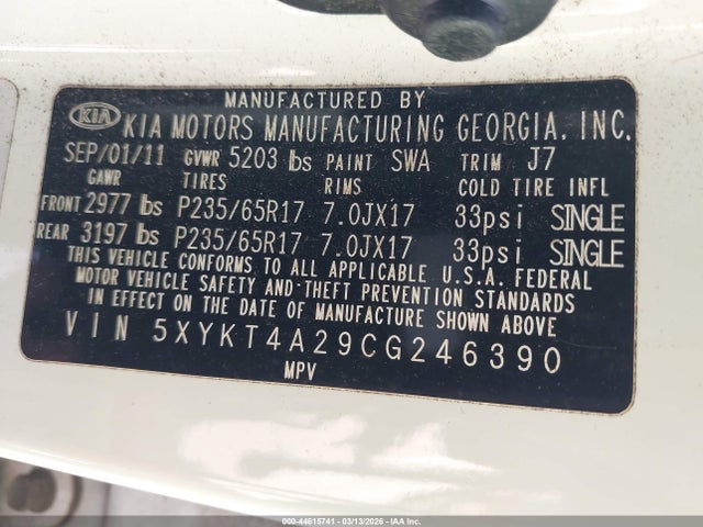 Aukcja sprzedaży 2012 Kia Sorento Lx V6, vin: 5XYKT4A29CG246390, numer aukcji: 44615741