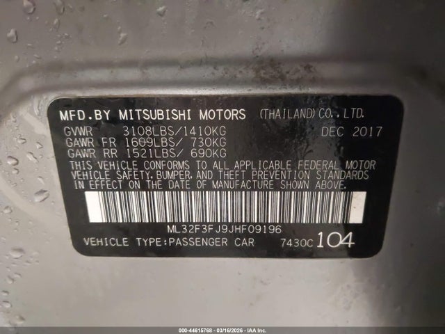 2018 Mitsubishi Mirage G4 Es მანქანა იყიდება აუქციონზე, vin: ML32F3FJ9JHF09196, აუქციონის ნომერი: 44615768