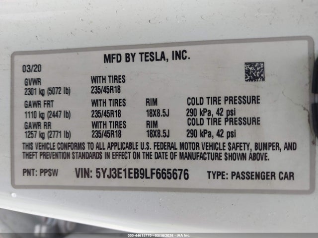 44615770 :رقم المزاد ، 5YJ3E1EB9LF665676 vin ، 2020 Tesla Model 3 Long Range Dual Motor All-wheel Drive مزاد بيع
