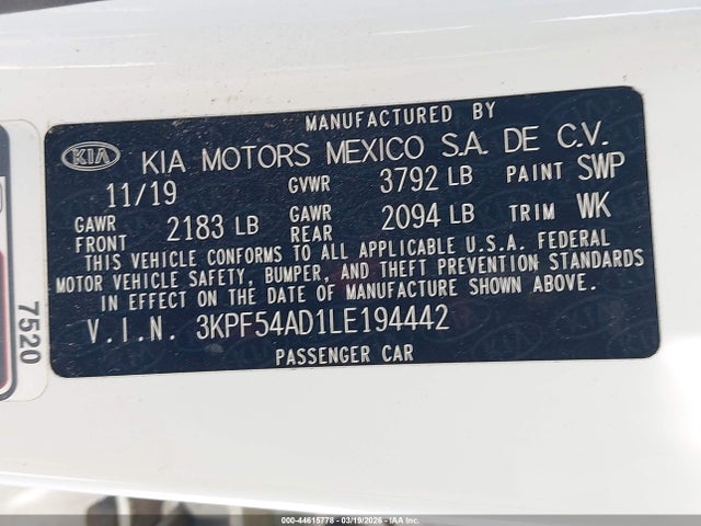 Aukcja sprzedaży 2020 Kia Forte Ex, vin: 3KPF54AD1LE194442, numer aukcji: 44615778