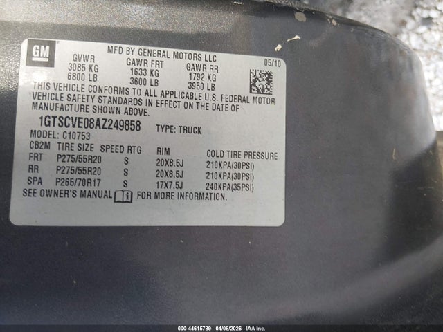 Aukcja sprzedaży 2010 Gmc Sierra 1500 Sle, vin: 1GTSCVE08AZ249858, numer aukcji: 44615789