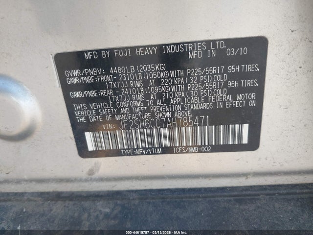 Aukcja sprzedaży 2010 Subaru Forester 2.5x Premium, vin: JF2SH6CC7AH785471, numer aukcji: 44615797