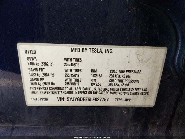 Aukcja sprzedaży 2020 Tesla Model Y Long Range Dual Motor All-wheel Drive, vin: 5YJYGDEE6LF027767, numer aukcji: 44615811