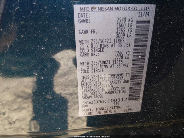 5N1AZ3DT6SC100312 Nissan Murano Platinum