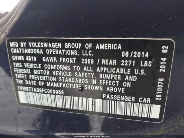 2015 Volkswagen Passat 1.8t Se მანქანა იყიდება აუქციონზე, vin: 1VWBT7A38FC003069, აუქციონის ნომერი: 44615826