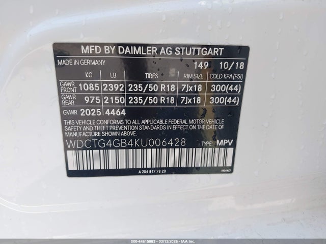 Продаж на аукціоні авто 2019 Mercedes-benz Gla 250 4matic, vin: WDCTG4GB4KU006428, номер лоту: 44615883