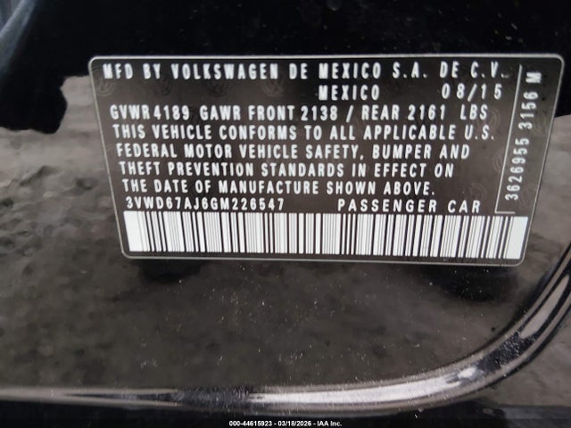 44615923 :رقم المزاد ، 3VWD67AJ6GM226547 vin ، 2016 Volkswagen Jetta 1.4t Se مزاد بيع