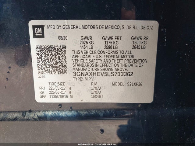 44615931 :رقم المزاد ، 3GNAXHEV5LS733362 vin ، 2020 Chevrolet Equinox Fwd Ls مزاد بيع