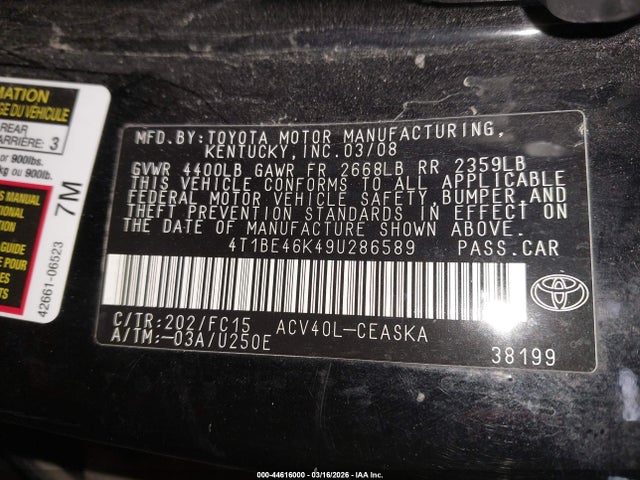 44616000 :رقم المزاد ، 4T1BE46K49U286589 vin ، 2009 Toyota Camry Se مزاد بيع