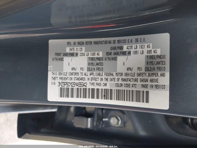 44616006 :رقم المزاد ، 3MZBPBCM2SM465942 vin ، 2025 Mazda Mazda3 مزاد بيع