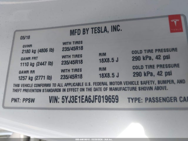 Продажа на аукционе авто 2018 Tesla Model 3, vin: 5YJ3E1EA6JF019659, номер лота: 44616015