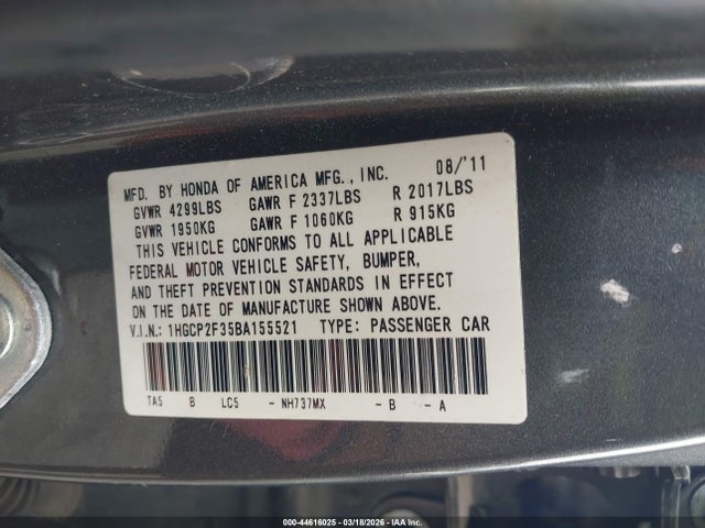 44616025 :رقم المزاد ، 1HGCP2F35BA155521 vin ، 2011 Honda Accord 2.4 Lx مزاد بيع