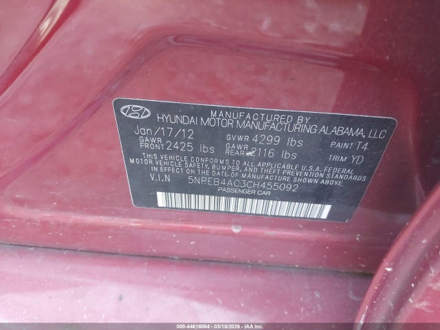 44616064 :رقم المزاد ، 5NPEB4AC3CH455092 vin ، 2012 Hyundai Sonata Gls مزاد بيع