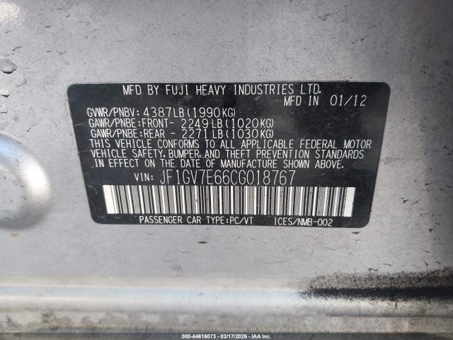 44616073 :رقم المزاد ، JF1GV7E66CG018767 vin ، 2012 Subaru Impreza Wrx مزاد بيع
