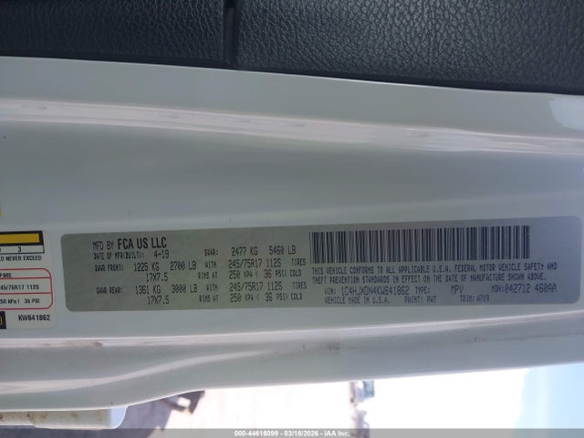 44616099 :رقم المزاد ، 1C4HJXDN4KW641862 vin ، 2019 Jeep Wrangler Unlimited Sport S 4x4 مزاد بيع