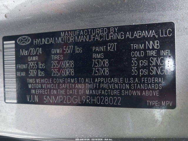 44616106 :رقم المزاد ، 5NMP2DGL9RH028022 vin ، 2024 Hyundai Santa Fe Sel مزاد بيع
