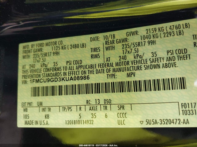1FMCU9GD3KUA08986 Ford ESCAPE SE