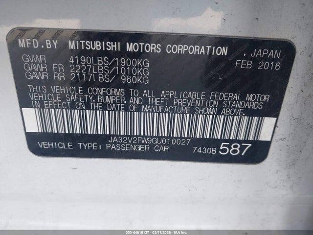 44616127 :رقم المزاد ، JA32V2FW9GU010027 vin ، 2016 Mitsubishi Lancer Es مزاد بيع