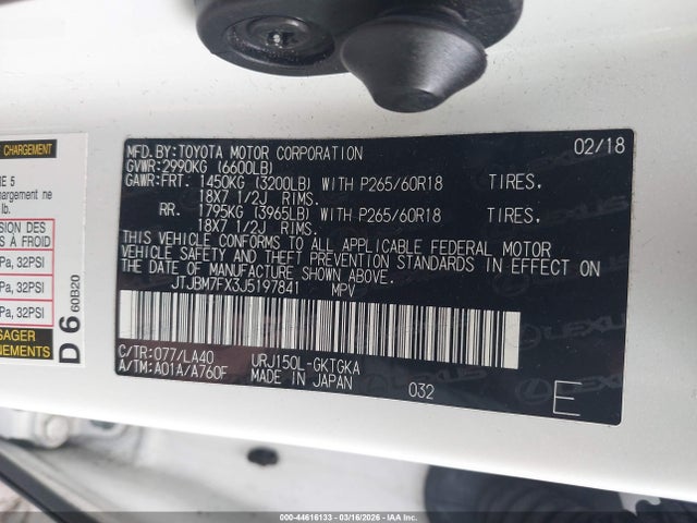 Aukcja sprzedaży 2018 Lexus Gx 460, vin: JTJBM7FX3J5197841, numer aukcji: 44616133