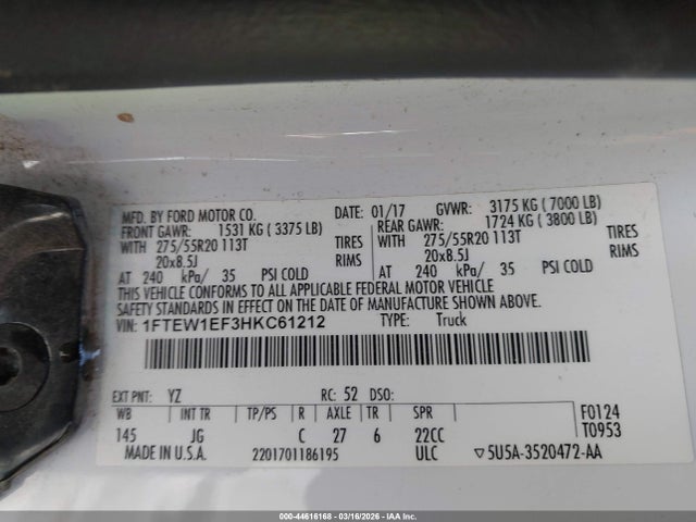 2017 Ford F-150 Xl მანქანა იყიდება აუქციონზე, vin: 1FTEW1EF3HKC61212, აუქციონის ნომერი: 44616168