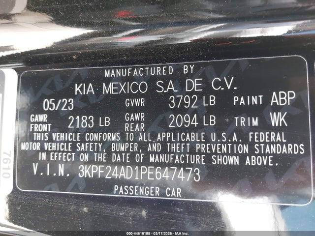 44616185 :رقم المزاد ، 3KPF24AD1PE647473 vin ، 2023 Kia Forte Lxs مزاد بيع