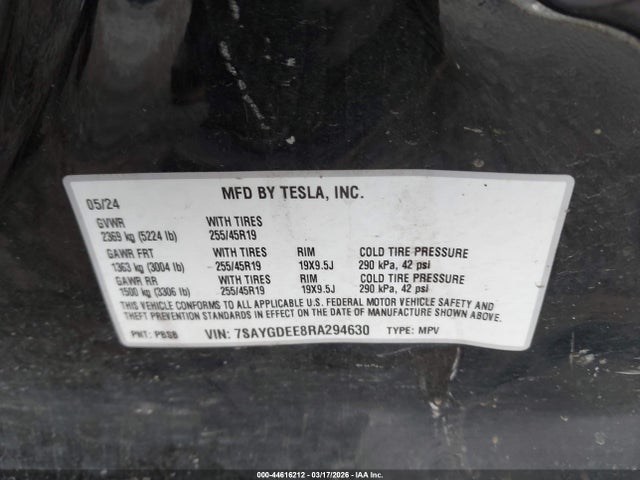 Продаж на аукціоні авто 2024 Tesla Model Y Long Range Dual Motor All-wheel Drive, vin: 7SAYGDEE8RA294630, номер лоту: 44616212