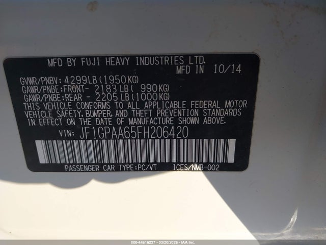 44616227 :رقم المزاد ، JF1GPAA65FH206420 vin ، 2015 Subaru Impreza 2.0i مزاد بيع