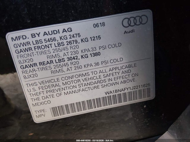2018 Audi Q5 2.0t Premium/2.0t Tech Premium მანქანა იყიდება აუქციონზე, vin: WA1BNAFY1J2211625, აუქციონის ნომერი: 44616255