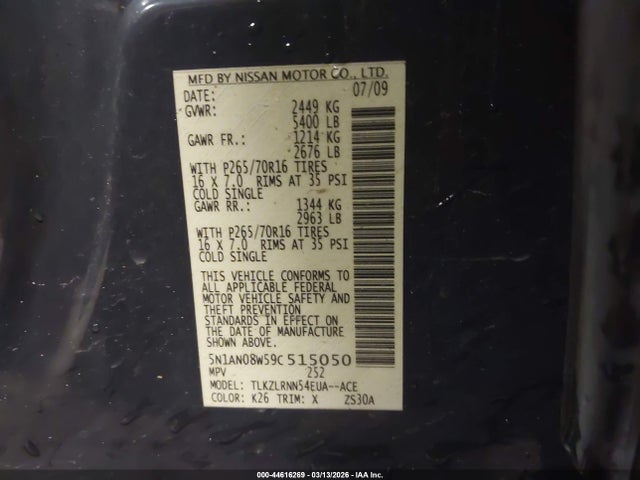 2009 Nissan Xterra S მანქანა იყიდება აუქციონზე, vin: 5N1AN08W59C515050, აუქციონის ნომერი: 44616269