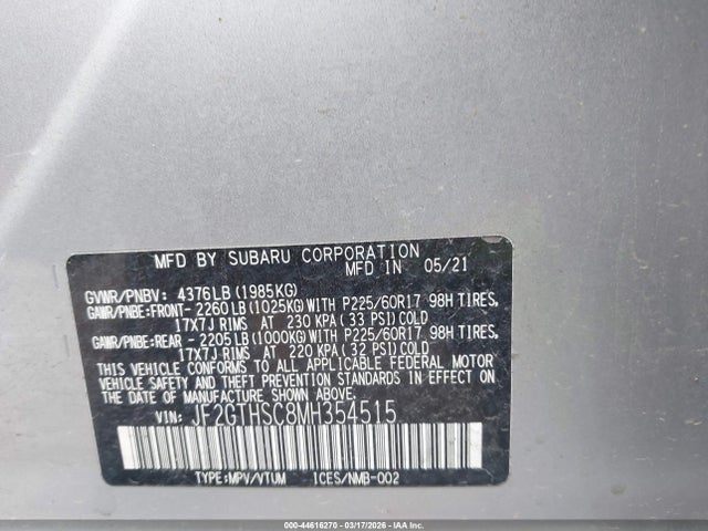 44616270 :رقم المزاد ، JF2GTHSC8MH354515 vin ، 2021 Subaru Crosstrek Sport مزاد بيع