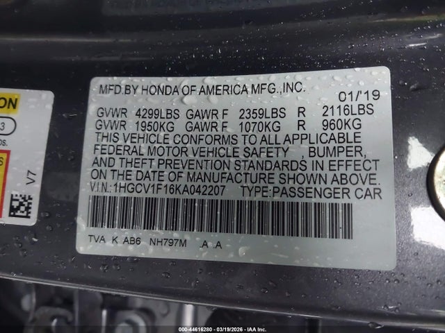 2019 HONDA ACCORD 1HGCV1F16KA042207 Photo 8