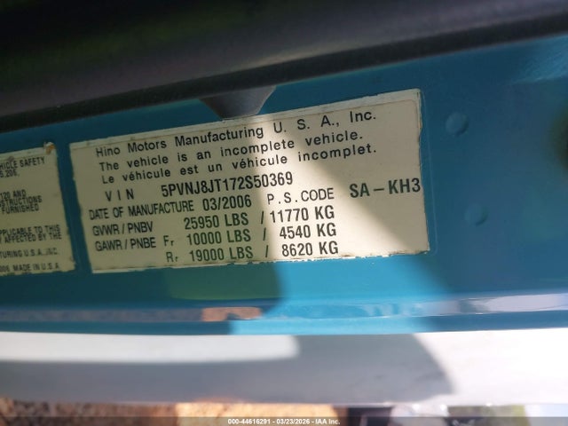 44616291 :رقم المزاد ، 5PVNJ8JT172S50369 vin ، 2007 Hino 258/268 مزاد بيع