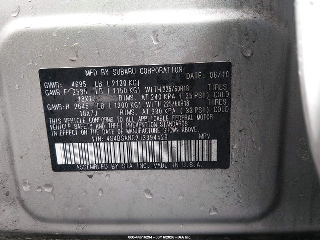 2018 Subaru Outback 2.5i Limited მანქანა იყიდება აუქციონზე, vin: 4S4BSANC2J3394429, აუქციონის ნომერი: 44616294