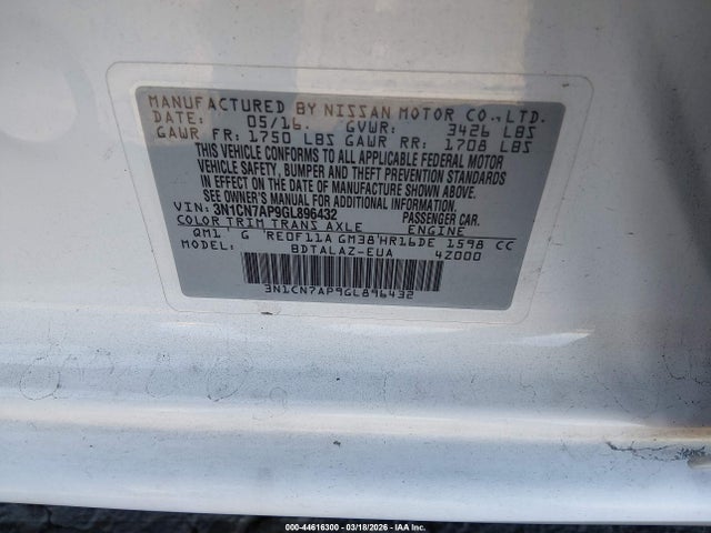 Nissan Versa 1.6 S+ 2016 3N1CN7AP9GL896432 Image 9