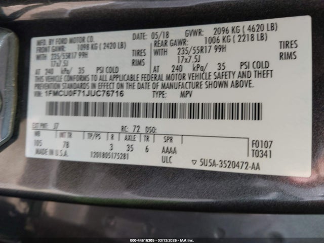 Ford ESCAPE S 2018 1FMCU0F71JUC76716 Image 9