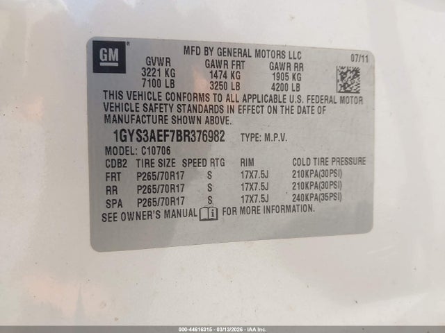 44616315 :رقم المزاد ، 1GYS3AEF7BR376982 vin ، 2011 Cadillac Escalade Standard مزاد بيع