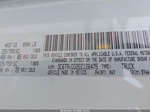 44616328 :رقم المزاد ، 3C6TRVDD2EE126475 vin ، 2014 Ram Promaster 2500 High Roof مزاد بيع