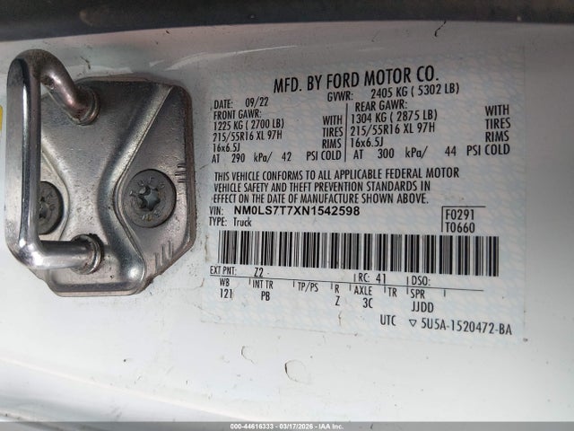 44616333 :رقم المزاد ، NM0LS7T7XN1542598 vin ، 2022 Ford Transit Connect Xlt مزاد بيع