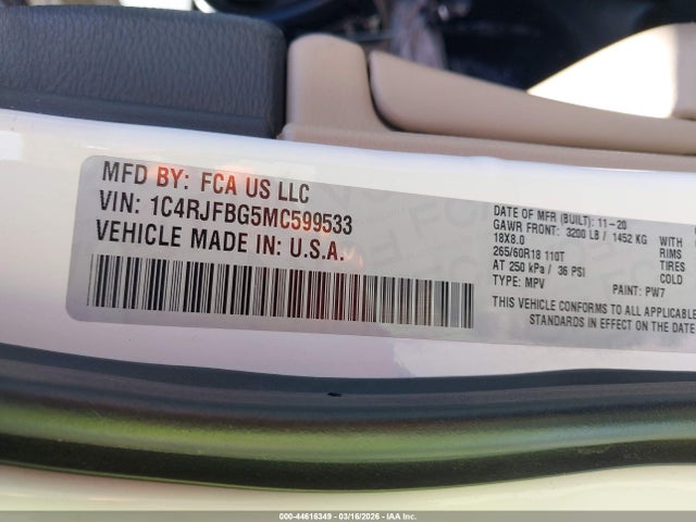 Aukcja sprzedaży 2021 Jeep Grand Cherokee Limited 4x4, vin: 1C4RJFBG5MC599533, numer aukcji: 44616349