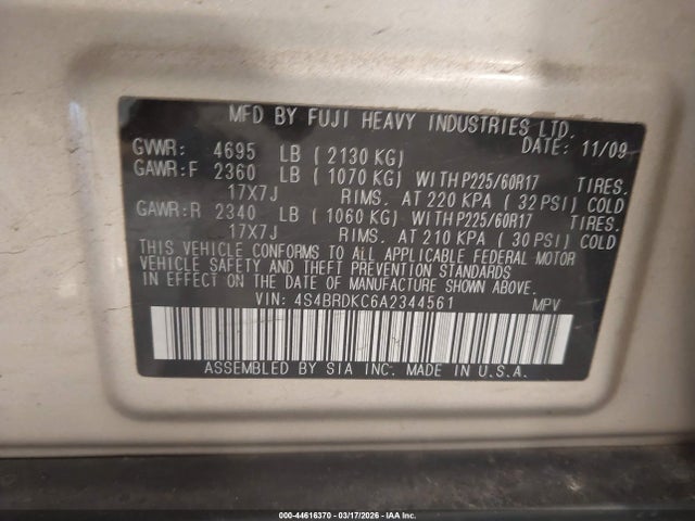 2010 Subaru Outback 3.6r Limited მანქანა იყიდება აუქციონზე, vin: 4S4BRDKC6A2344561, აუქციონის ნომერი: 44616370