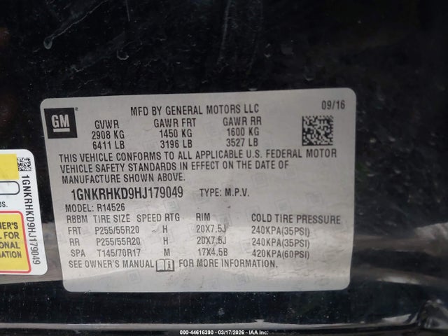 44616390 :رقم المزاد ، 1GNKRHKD9HJ179049 vin ، 2017 Chevrolet Traverse 2lt مزاد بيع