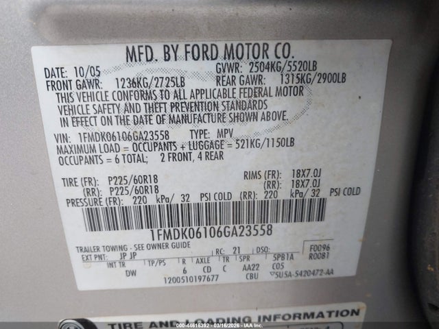 44616392 :رقم المزاد ، 1FMDK06106GA23558 vin ، 2006 Ford Freestyle Limited مزاد بيع