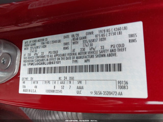2020 Ford Escape Se მანქანა იყიდება აუქციონზე, vin: 1FMCU0G68LUB93101, აუქციონის ნომერი: 44616396