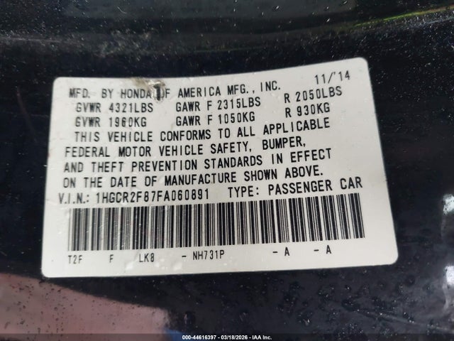 Honda Accord Ex-l 2015 1HGCR2F87FA060891 Image 9