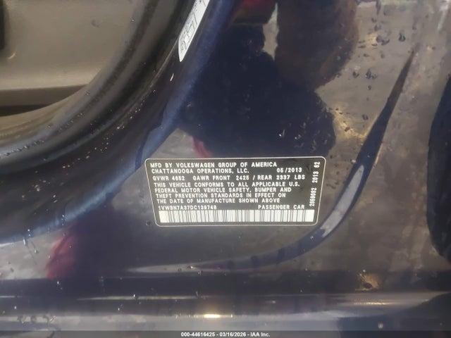 2013 Volkswagen Passat 2.0l Tdi Se მანქანა იყიდება აუქციონზე, vin: 1VWBN7A37DC139748, აუქციონის ნომერი: 44616425