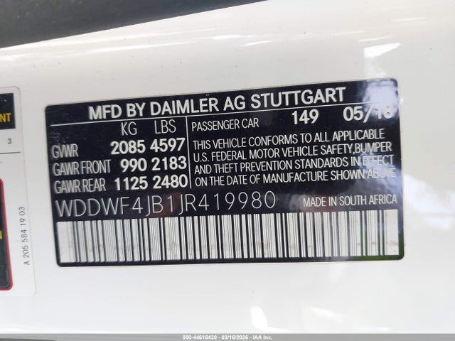 44616430 :رقم المزاد ، WDDWF4JB1JR419980 vin ، 2018 Mercedes-benz C 300 مزاد بيع