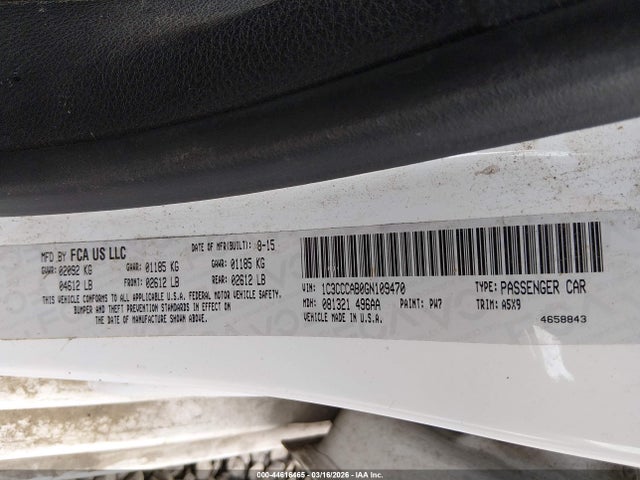 44616465 :رقم المزاد ، 1C3CCCAB0GN109470 vin ، 2016 Chrysler 200 Limited مزاد بيع