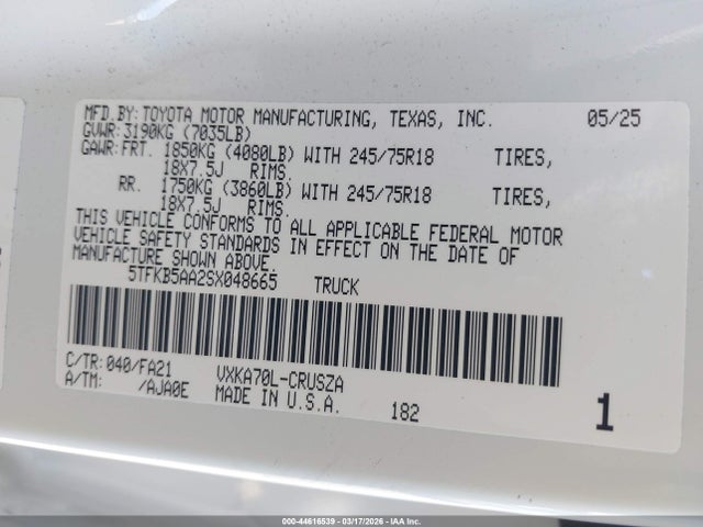 Aukcja sprzedaży 2025 Toyota Tundra Sr, vin: 5TFKB5AA2SX048665, numer aukcji: 44616539