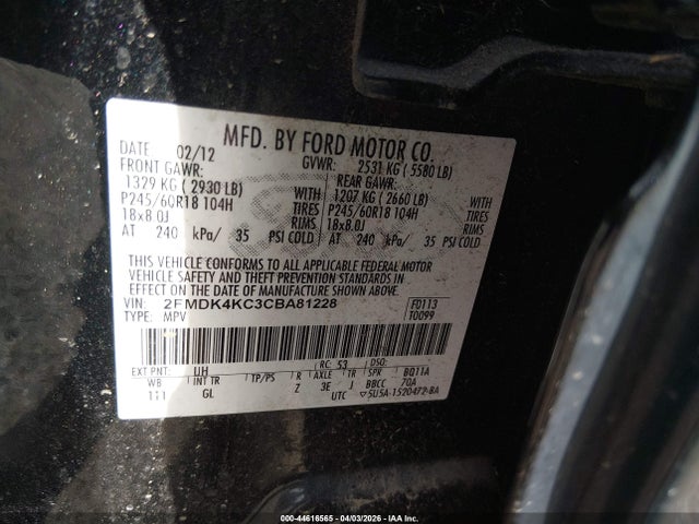 Продаж на аукціоні авто 2012 Ford Edge Limited, vin: 2FMDK4KC3CBA81228, номер лоту: 44616565