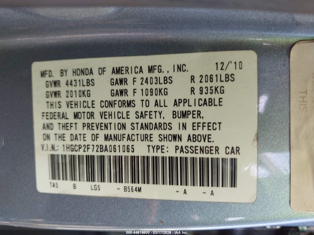 Aukcja sprzedaży 2011 Honda Accord 2.4 Ex, vin: 1HGCP2F72BA061065, numer aukcji: 44616600